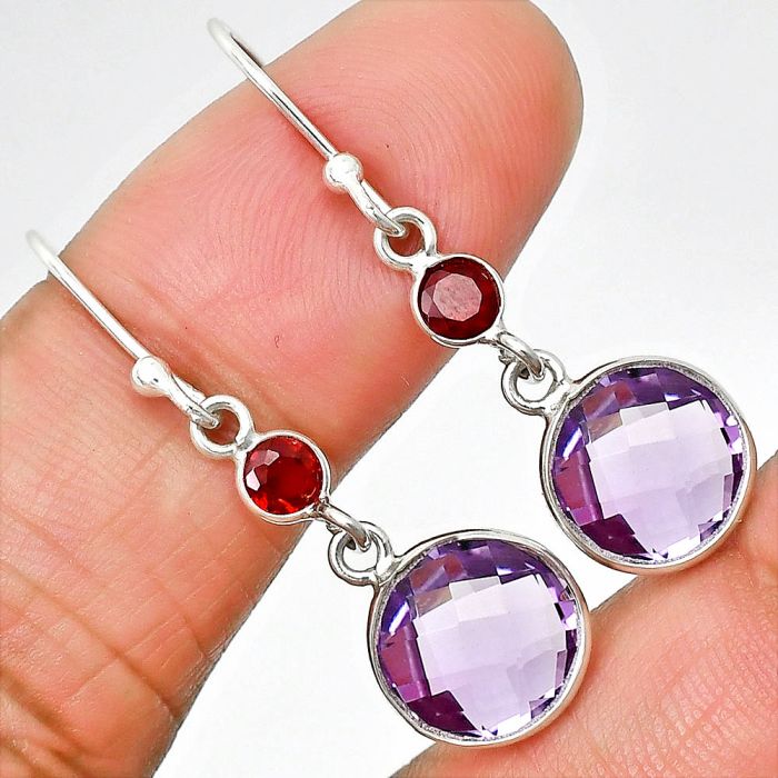 Amethyst Checker Briolette and Garnet Earrings SDE84990 E-1006, 10x10 mm