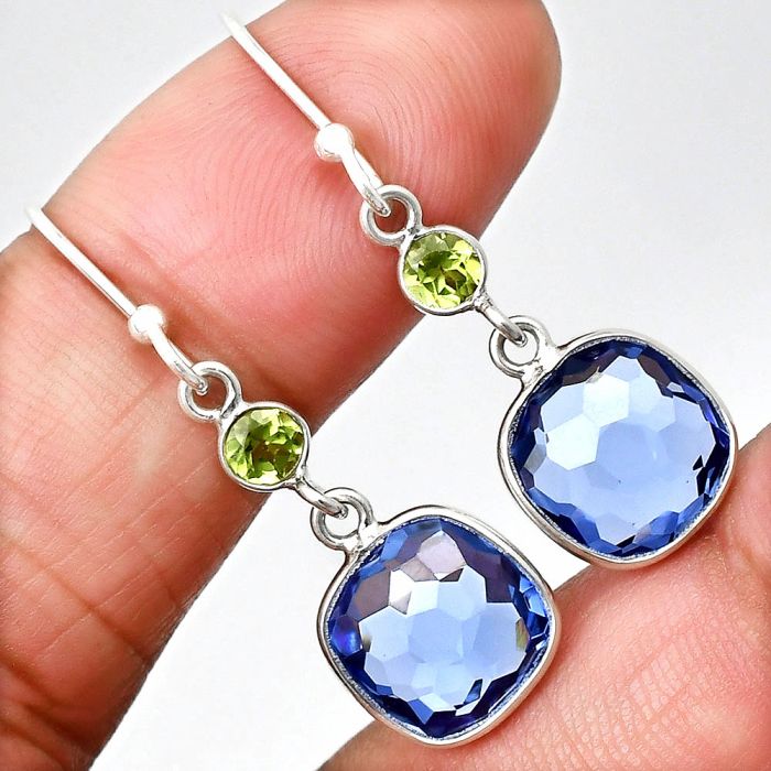 Lab Created Tanzanite Checker Briolette and Peridot Earrings SDE85007 E-1006, 10x10 mm