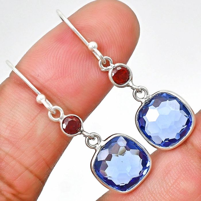 Lab Created Tanzanite Checker Briolette and Garnet Earrings SDE85011 E-1006, 10x10 mm