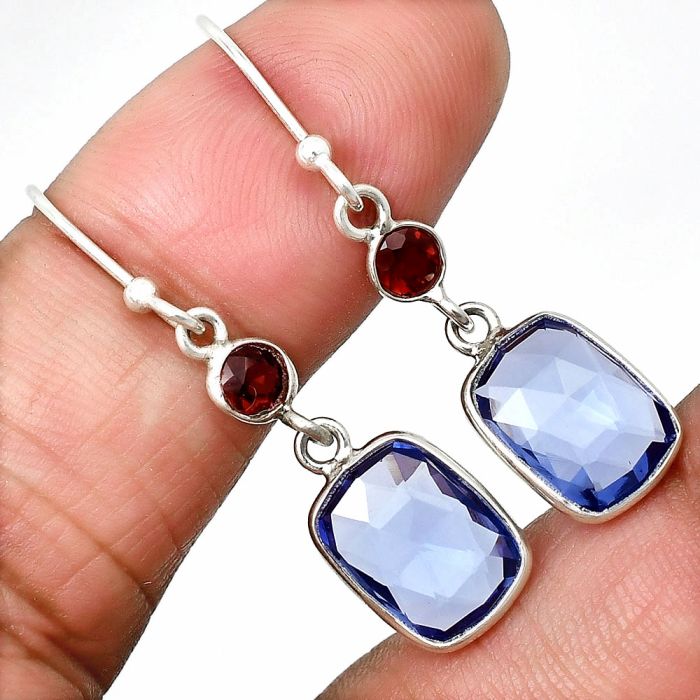 Lab Created Tanzanite Checker Briolette and Garnet Earrings SDE85013 E-1006, 8x11 mm