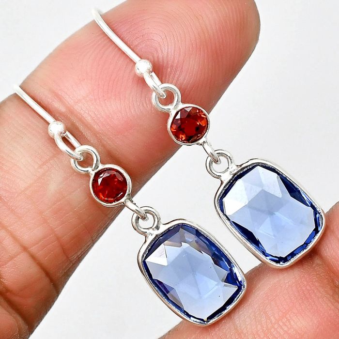 Lab Created Tanzanite Checker Briolette and Garnet Earrings SDE85014 E-1006, 8x10 mm