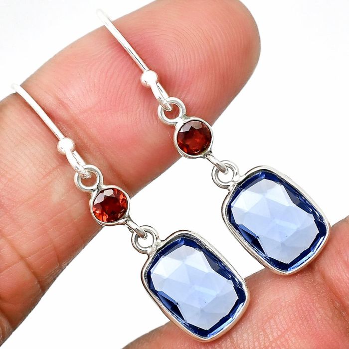 Lab Created Tanzanite Checker Briolette and Garnet Earrings SDE85016 E-1006, 8x11 mm