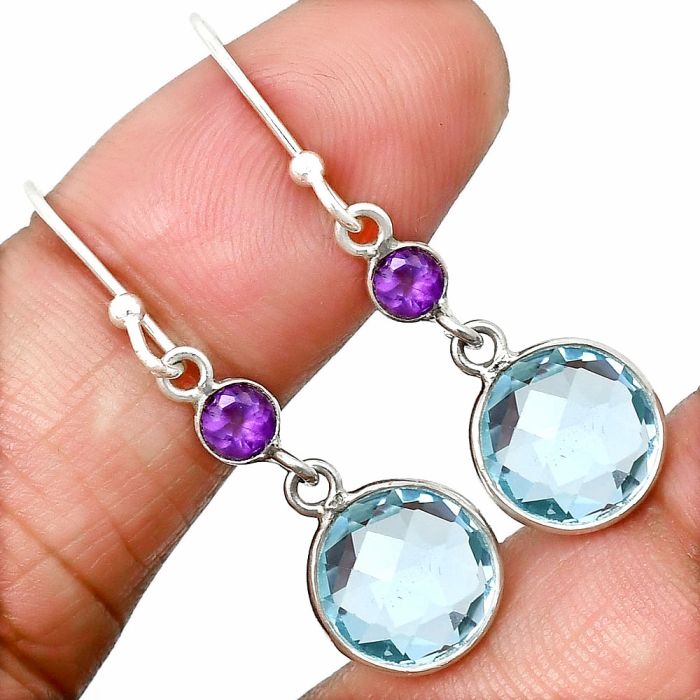 Sky Blue Topaz Checker Briolette and Amethyst Earrings SDE85027 E-1006, 10x10 mm