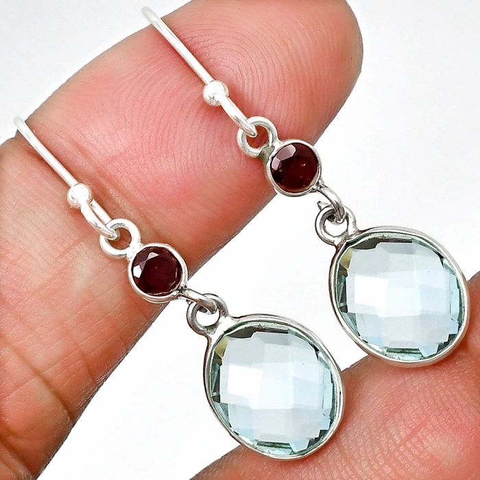 Sky Blue Topaz Checker Briolette and Garnet Earrings SDE85031 E-1006, 9x11 mm