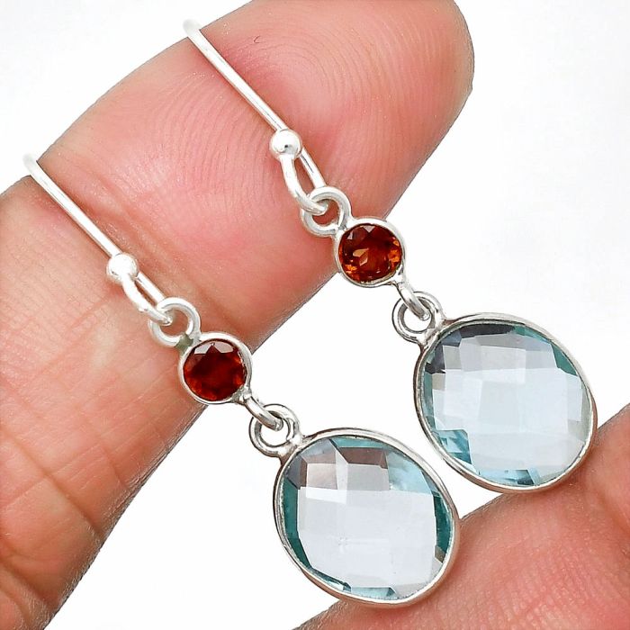 Sky Blue Topaz Checker Briolette and Garnet Earrings SDE85034 E-1006, 9x11 mm