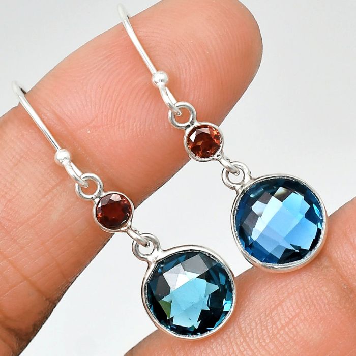 Lab Created London Blue Topaz Checker Briolette and Garnet Earrings SDE85053 E-1006, 10x10 mm