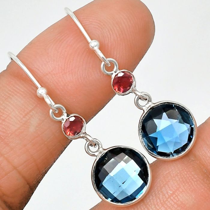 Lab Created London Blue Topaz Checker Briolette and Garnet Earrings SDE85055 E-1006, 10x10 mm