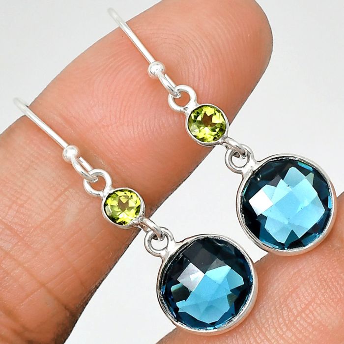 Lab Created London Blue Topaz Checker Briolette and Peridot Earrings SDE85056 E-1006, 10x10 mm