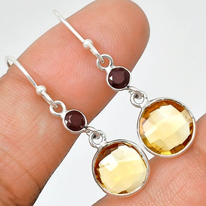 Citrine Checker Briolette and Garnet Earrings SDE85066 E-1006, 10x10 mm