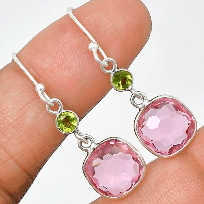 Lab Created Pink Morganite Checker Briolette and Peridot Earrings SDE85070 E-1006, 10x10 mm
