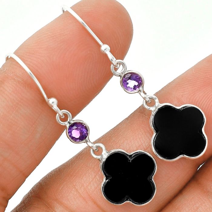 Black Onyx and Amethyst Earrings SDE85193 E-1006, 10x10 mm