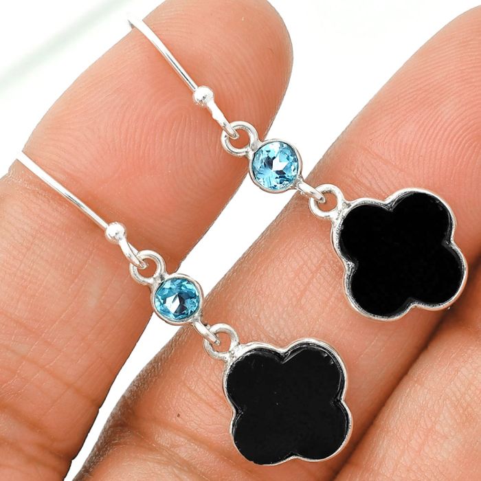 Black Onyx and Sky Blue Topaz Earrings SDE85194 E-1006, 10x10 mm