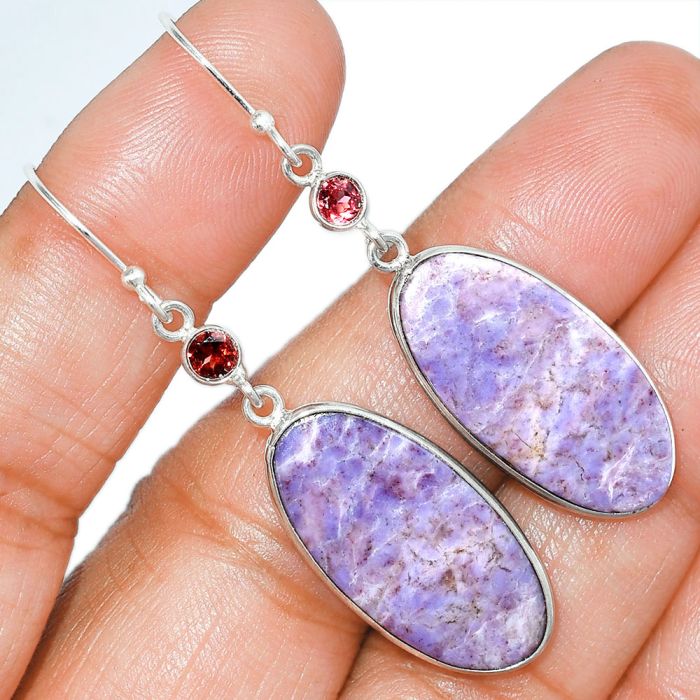 Lavender Jade and Garnet Earrings SDE85400 E-1002, 13x27 mm