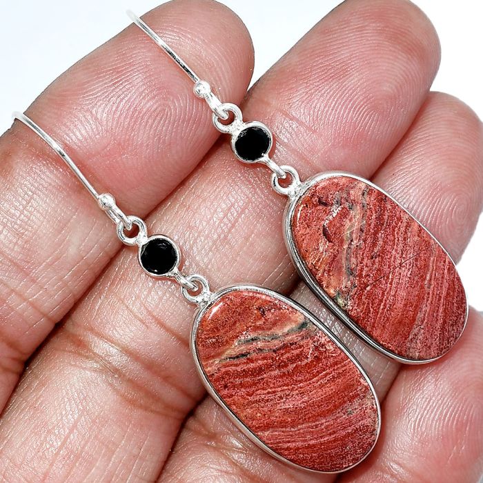 Snake Skin Jasper and Black Onyx Earrings SDE85480 E-1002, 14x25 mm