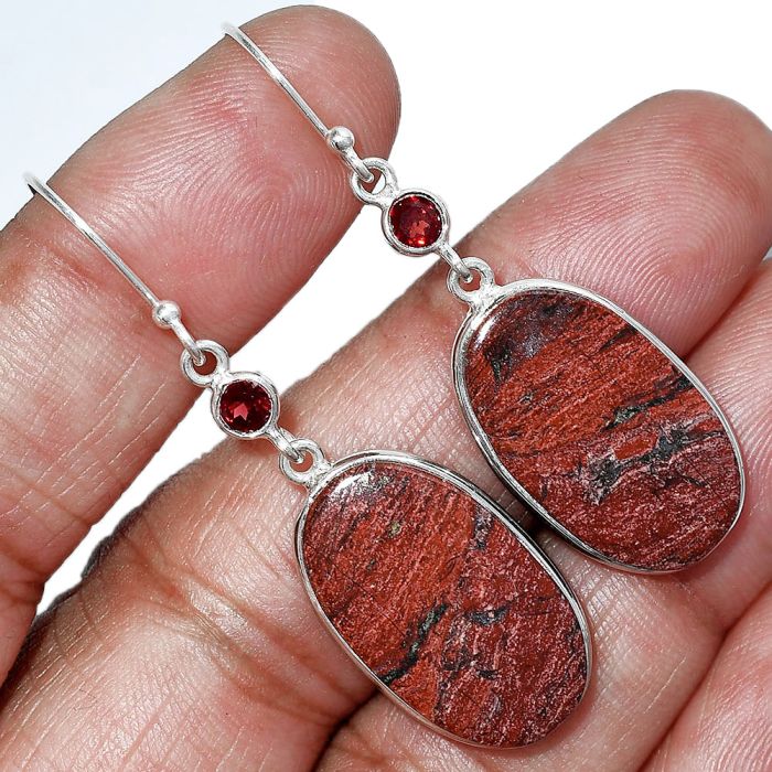 Snake Skin Jasper and Garnet Earrings SDE85576 E-1002, 14x23 mm