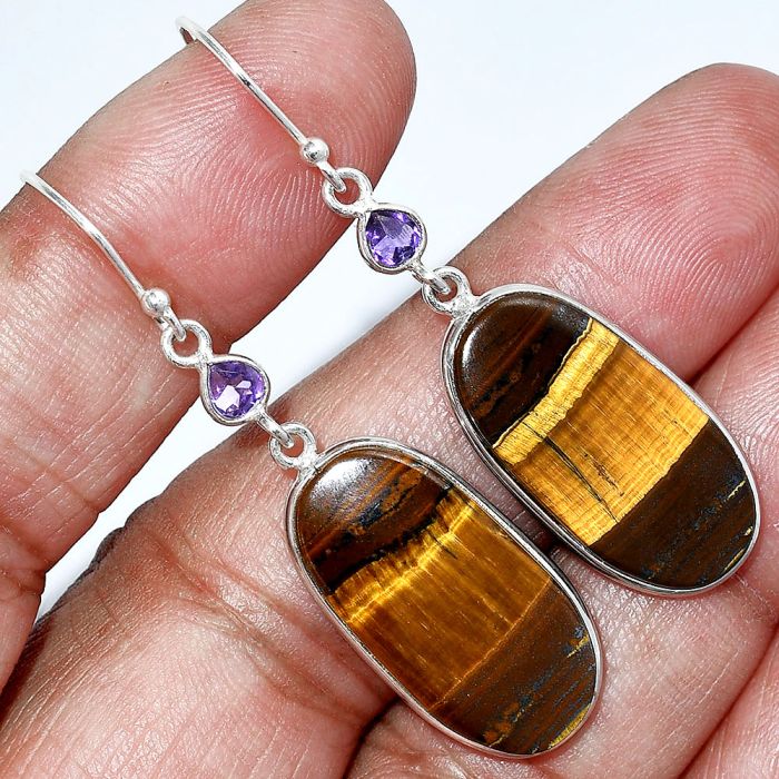 Tiger Eye and Amethyst Earrings SDE85639 E-1002, 12x24 mm