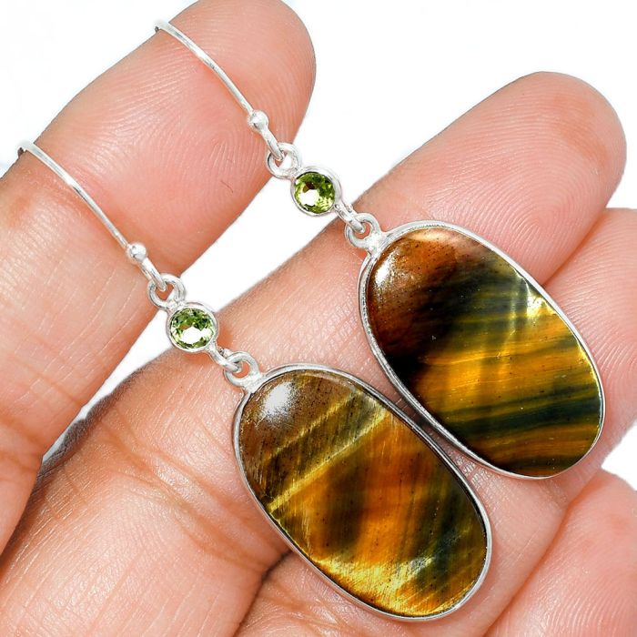 Blue Tiger Eye and Peridot Earrings SDE85701 E-1002, 15x26 mm