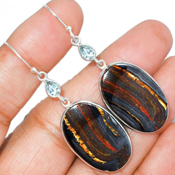 Iron Tiger Eye and Sky Blue Topaz Earrings SDE85722 E-1002, 17x26 mm