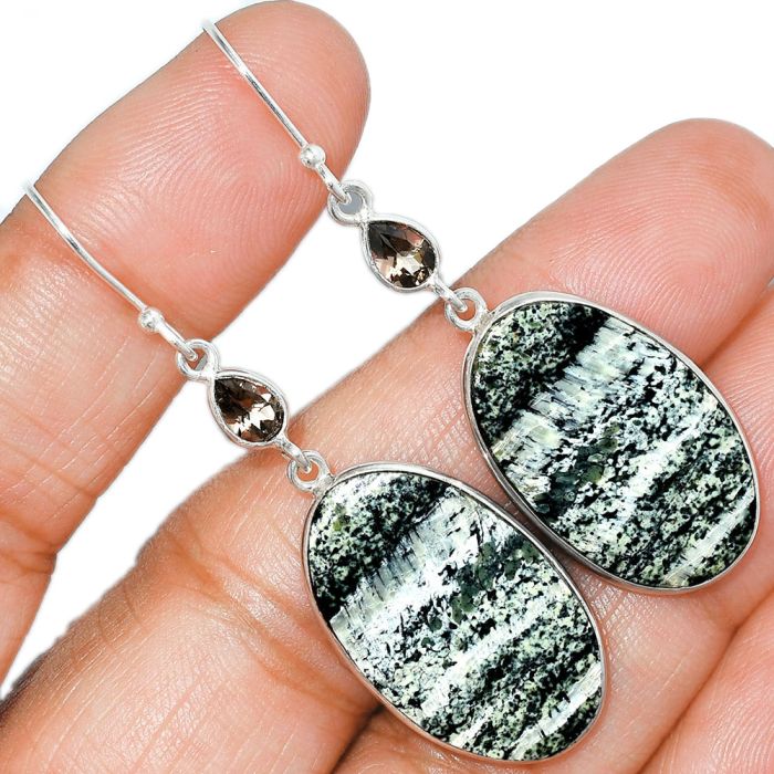 Natural Chrysotile and Smoky Quartz Earrings SDE85730 E-1002, 16x26 mm