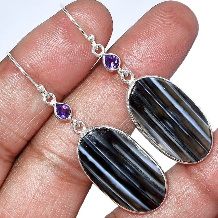 Banded Onyx and Amethyst Earrings SDE85863 E-1002, 14x26 mm