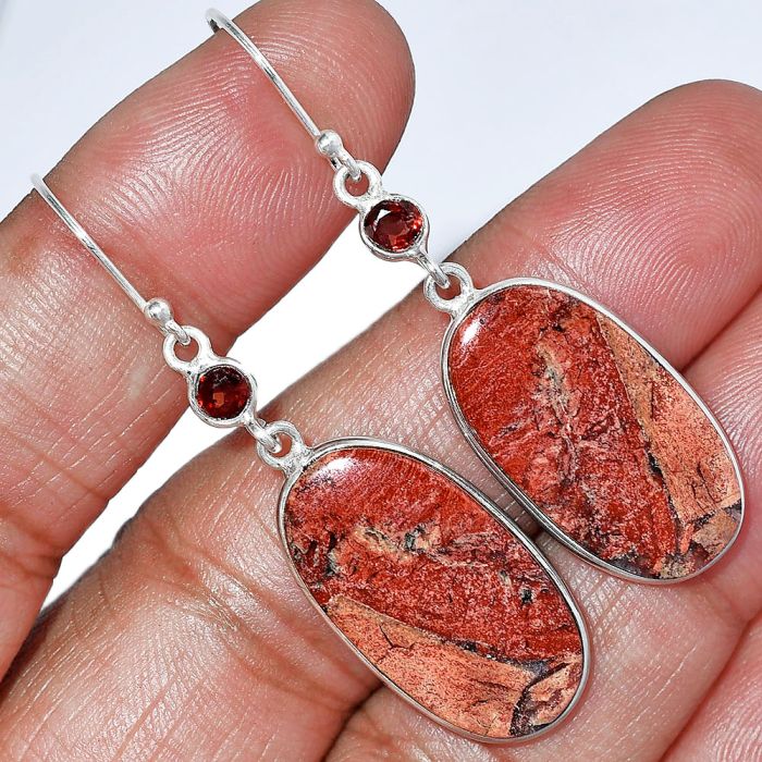 Snake Skin Jasper and Garnet Earrings SDE85890 E-1002, 14x24 mm