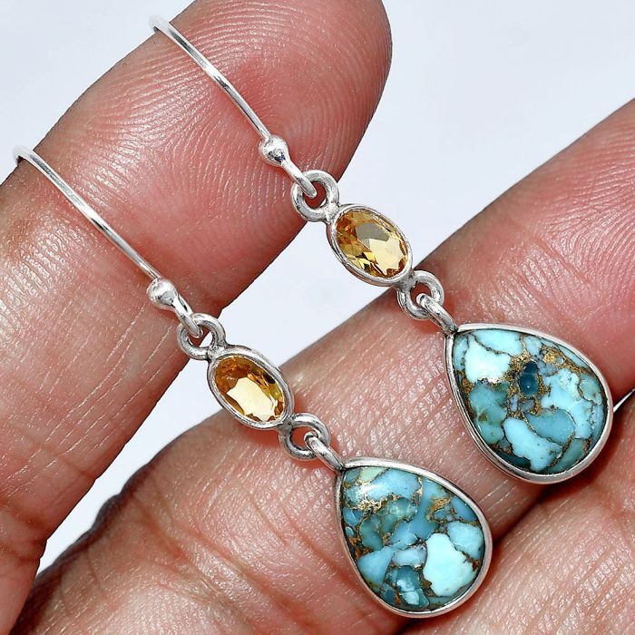 Copper Blue Turquoise and Citrine Earrings SDE85940 E-1002, 9x12 mm