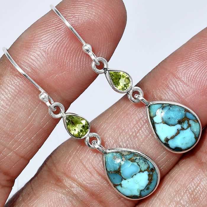 Copper Blue Turquoise and Peridot Earrings SDE85949 E-1002, 9x13 mm