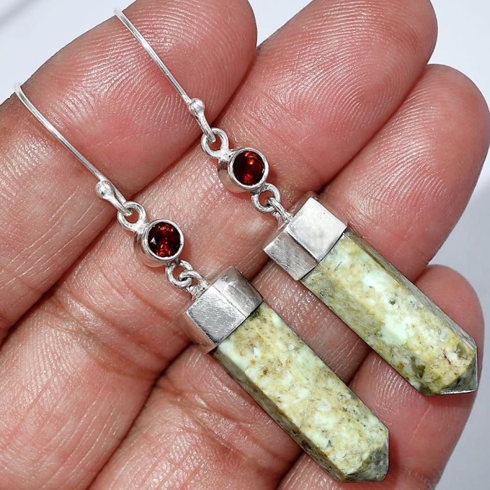 Authentic White Buffalo Turquoise Nevada and Garnet Point Earrings SDE85971 E-1135, 7x24 mm