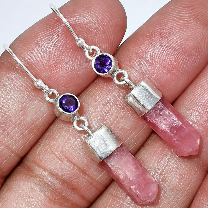 Rhodochrosite Argentina and Amethyst Point Earrings SDE85998 E-1135, 5x15 mm