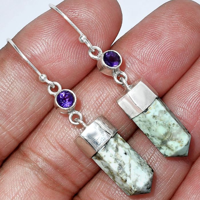 Point - Authentic White Buffalo Turquoise Nevada and Amethyst Earrings SDE86006 E-1135, 7x16 mm