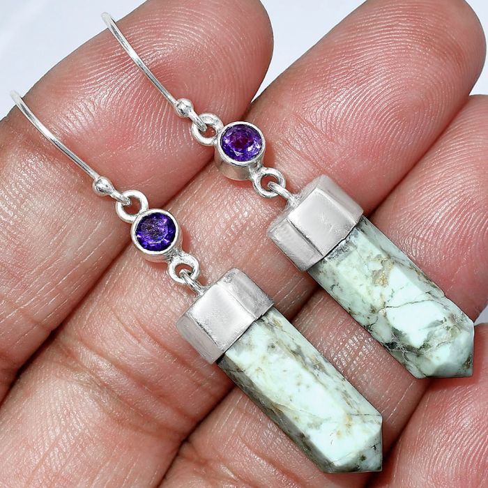 Point - Authentic White Buffalo Turquoise Nevada and Amethyst Earrings SDE86007 E-1135, 17x20 mm