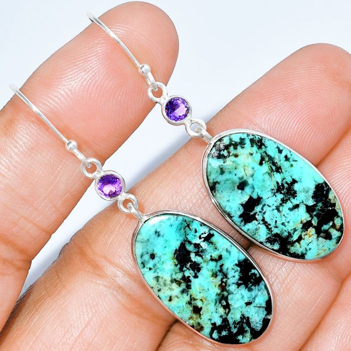 Brazilian Turquoise and Amethyst Earrings SDE86026 E-1002, 14x26 mm