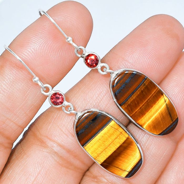 Tiger Eye and Garnet Earrings SDE86031 E-1002, 12x23 mm