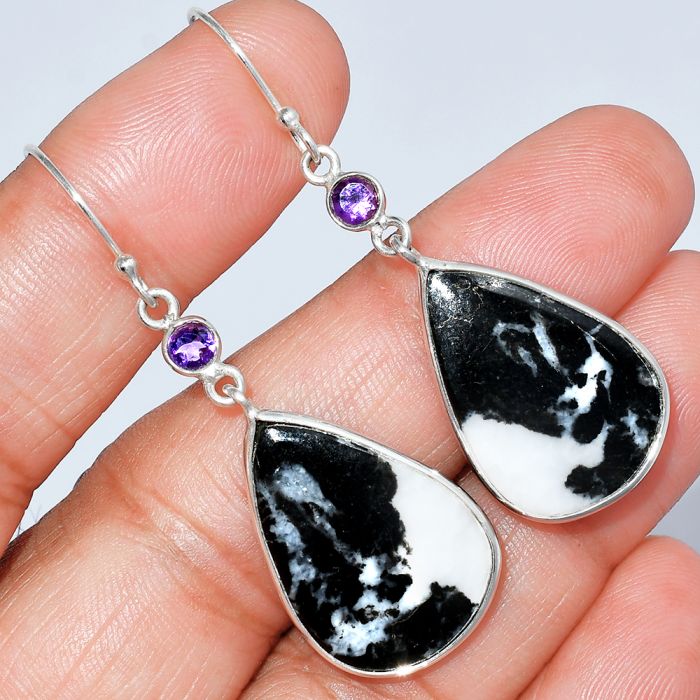 Black Zebra Jasper and Amethyst Earrings SDE86043 E-1002, 16x23 mm