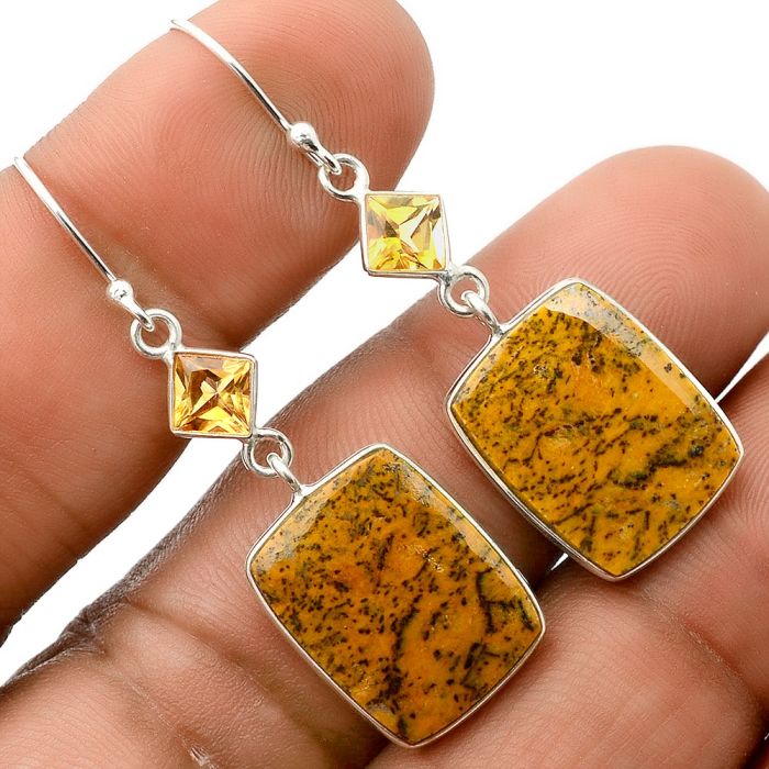 Russian Honey Dendrite Opal and Citrine Earrings SDE86148 E-1002, 13x17 mm