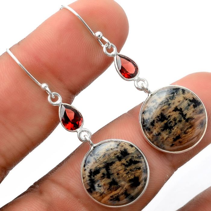 Russian Honey Dendrite Opal and Garnet Earrings SDE86187 E-1002, 16x16 mm