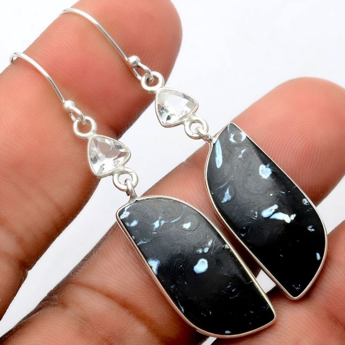 Black Root Plume Agate and White Quartz Earrings SDE86188 E-1002, 11x27 mm