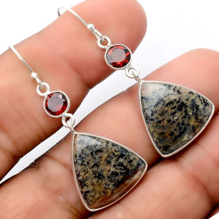 Russian Honey Dendrite Opal and Garnet Earrings SDE86195 E-1002, 17x17 mm