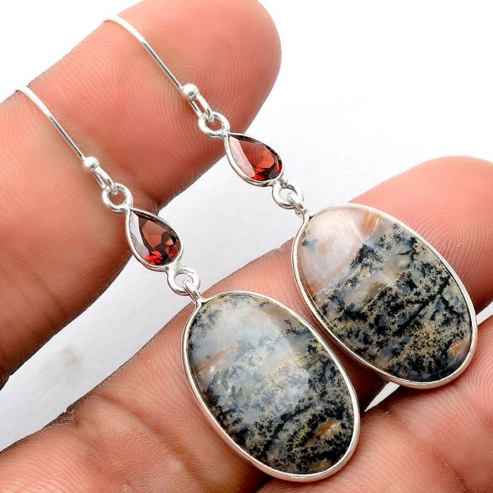 Russian Honey Dendrite Opal and Garnet Earrings SDE86197 E-1002, 14x22 mm