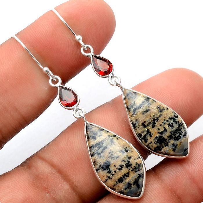 Russian Honey Dendrite Opal and Garnet Earrings SDE86198 E-1002, 12x25 mm