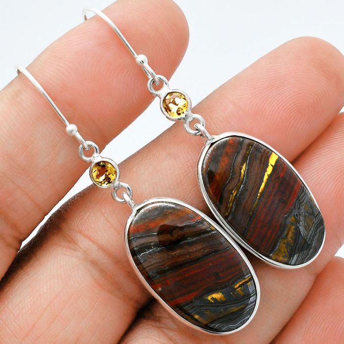 Iron Tiger Eye and Citrine Earrings SDE88528 E-1002, 13x23 mm