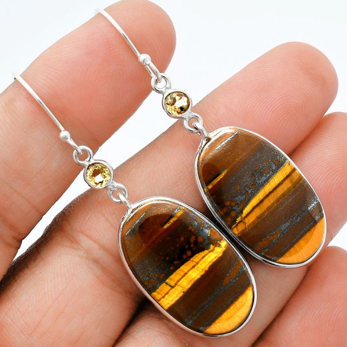 Iron Tiger Eye and Citrine Earrings SDE88550 E-1002, 15x25 mm