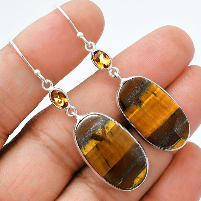 Tiger Eye and Citrine Earrings SDE88552 E-1002, 14x24 mm