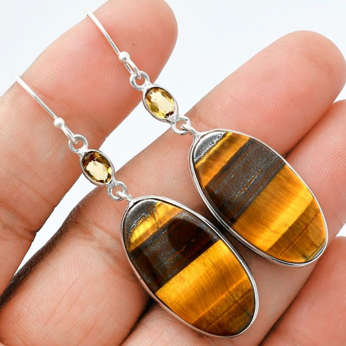 Tiger Eye and Citrine Earrings SDE88554 E-1002, 15x27 mm