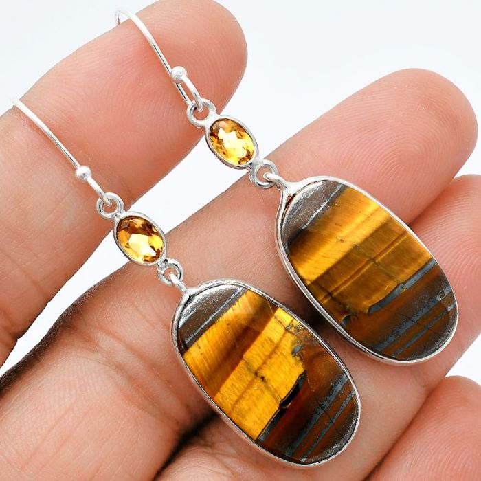 Tiger Eye and Citrine Earrings SDE88555 E-1002, 14x24 mm