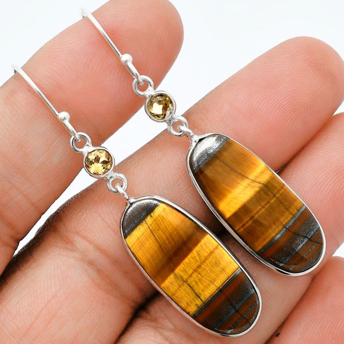 Tiger Eye and Citrine Earrings SDE88556 E-1002, 11x26 mm