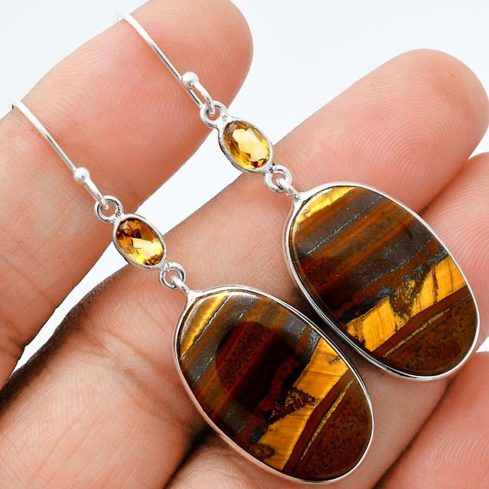 Iron Tiger Eye and Citrine Earrings SDE88558 E-1002, 14x24 mm