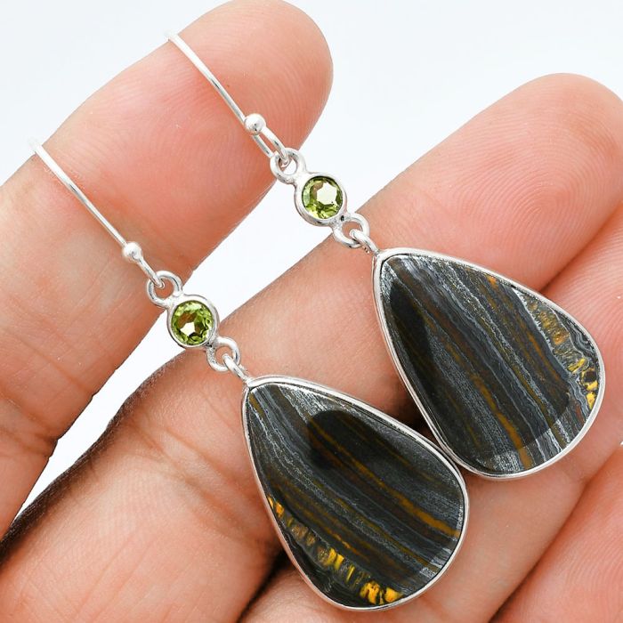 Iron Tiger Eye and Peridot Earrings SDE88572 E-1002, 16x23 mm