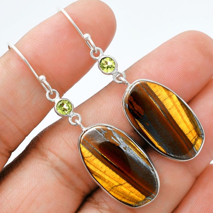 Iron Tiger Eye and Peridot Earrings SDE88585 E-1002, 13x23 mm