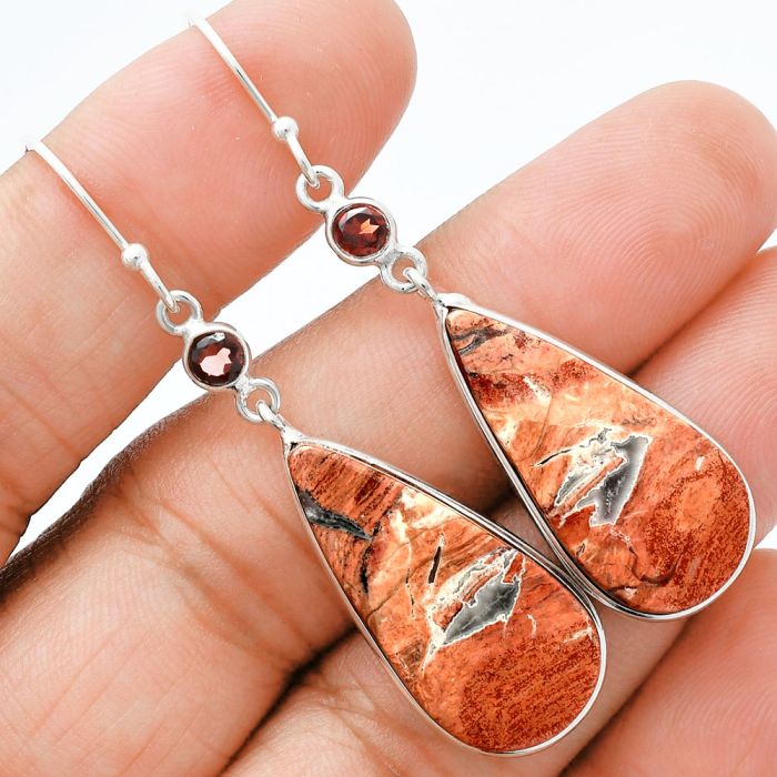 Snake Skin Jasper and Garnet Earrings SDE88612 E-1002, 13x27 mm